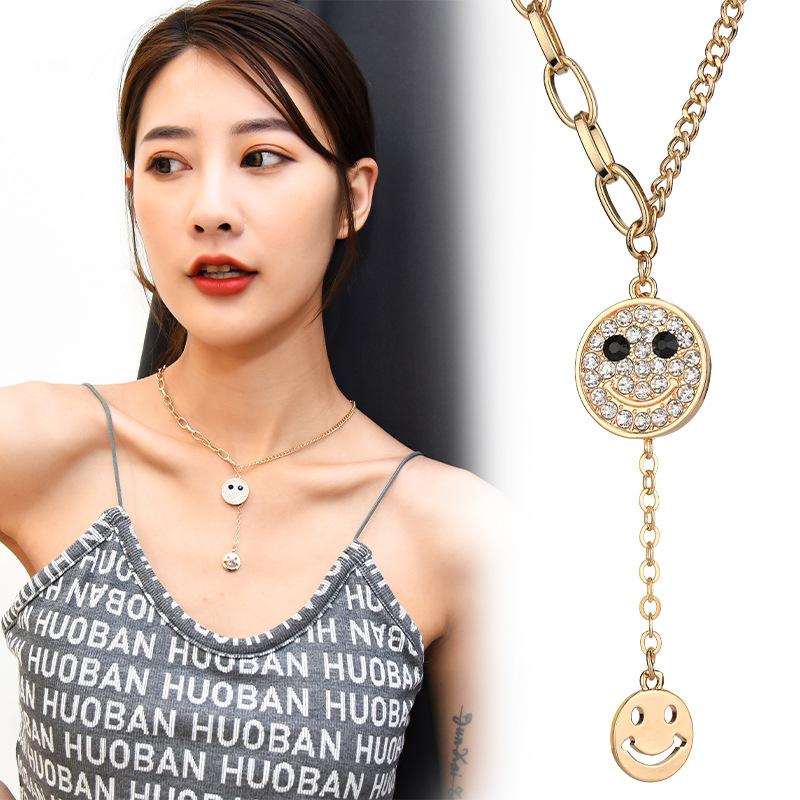 Simple Diamond-Encrusted Round Brand Smiley Face Titanium Steel Necklace Female Niche Brand Versatile Mixed Chain Accessories