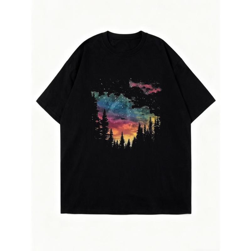Übergroßes T-Shirt Schwarz Galaxy Wald-Print Für Freizeitkleidung Und Ausgehen