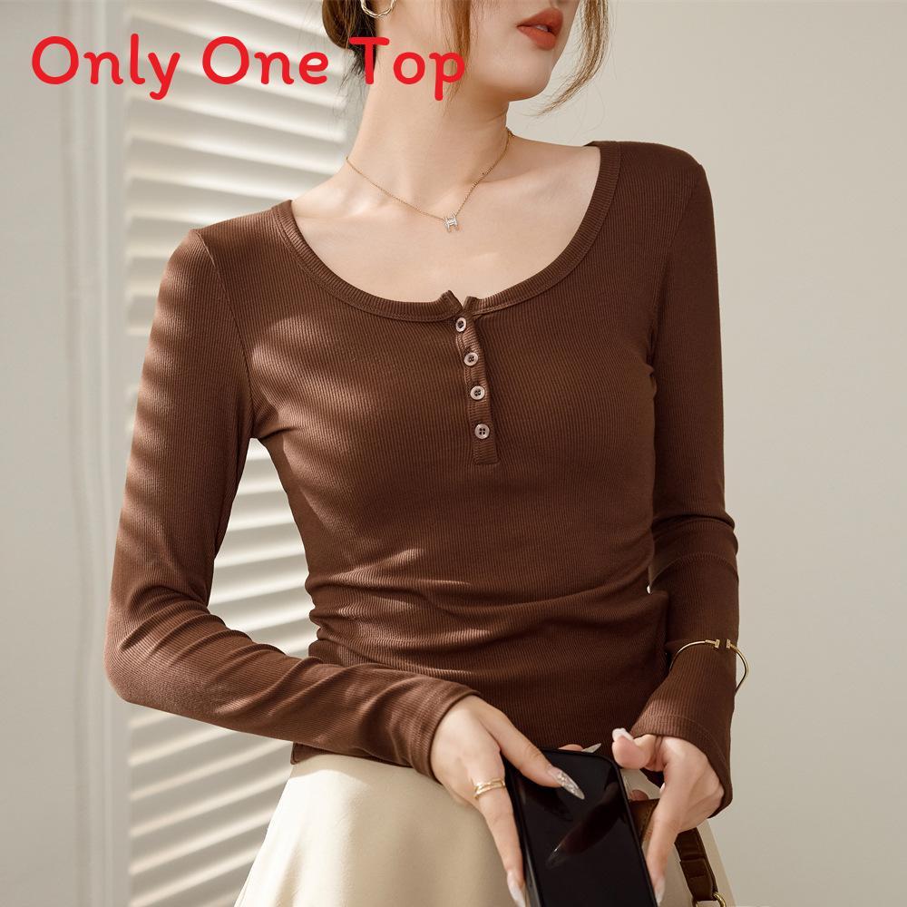 T Shirt Women Long Sleeve Slim Fit Pure Cotton Ribbed Fabric For Autumn Winter Style