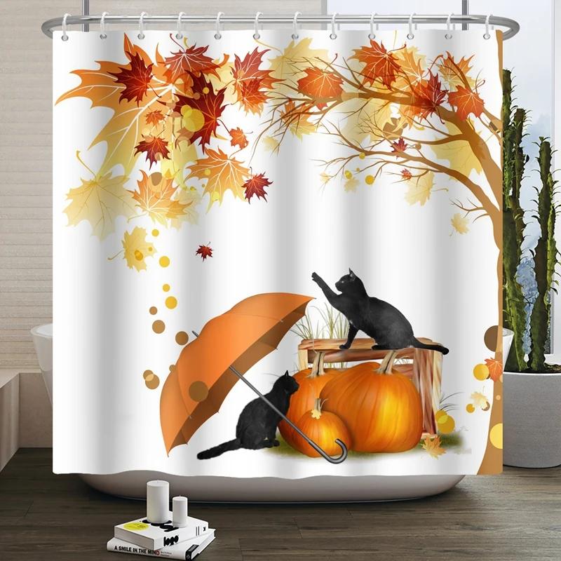 Hello Fall Shower Curtain Autumn Maple Leaves Pumpkin Bathroom Decor Polyester Fabric Cloth Shower Curtain With Hooks Room Decor