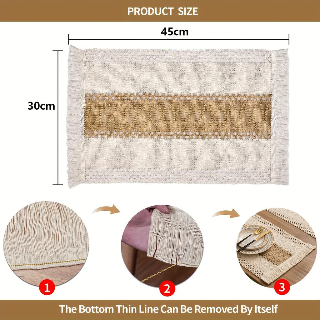 Boho Hand-Woven Cotton Placemats Set Rustic Table Mats Tassels Reusable Heat-Resistant Placemats Dining Table Party Decor