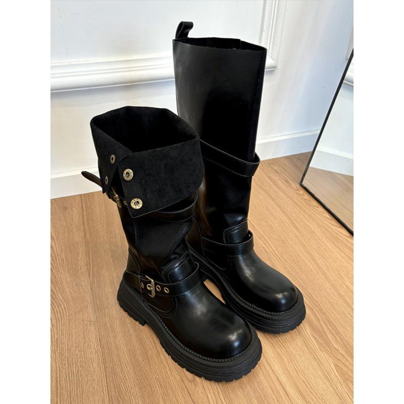 Genuine Leather Cowhide Two-Way Height-Enhancing Boots for Women - Retro High-Tube Long Knight Boots for Autumn and Winter