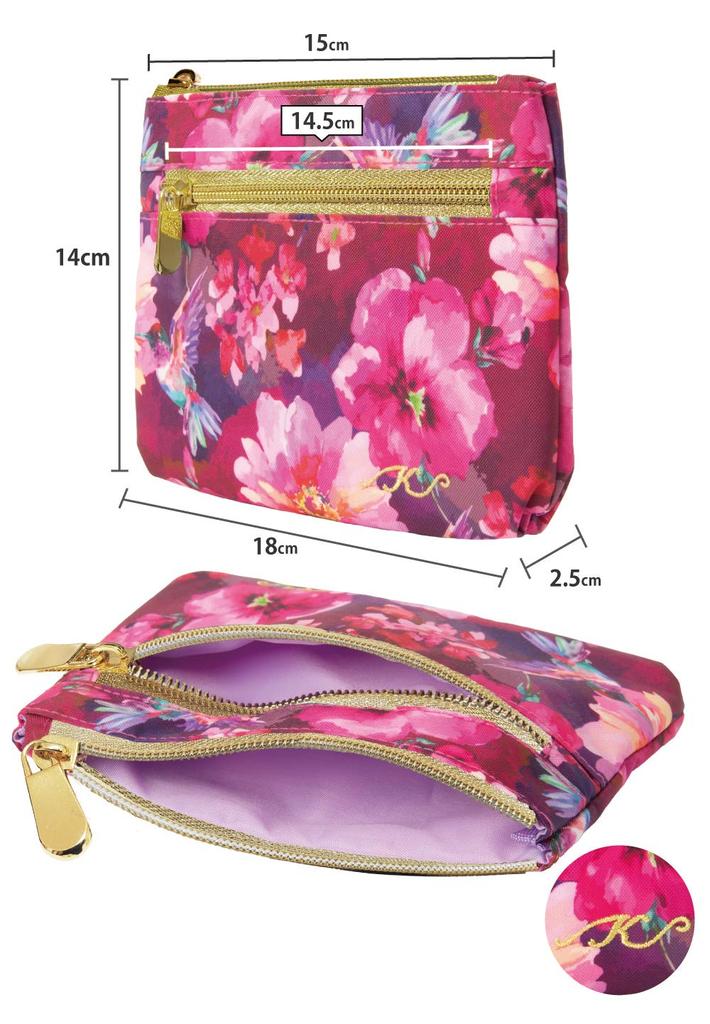 Floral Series Makeup Cosmetic Tissue Pink Floral Print Zipper Tissue Pouch, Pouch, Case, (Two-Tier Case)