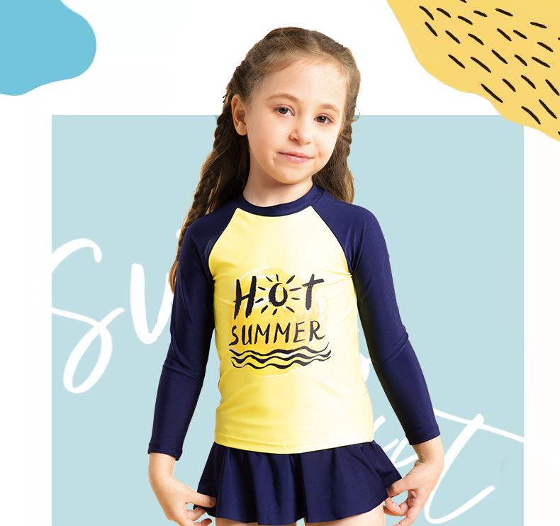 Girls' Long-Sleeved Split Swimsuit with Letter Print & Short Skirt - 2025 Collection