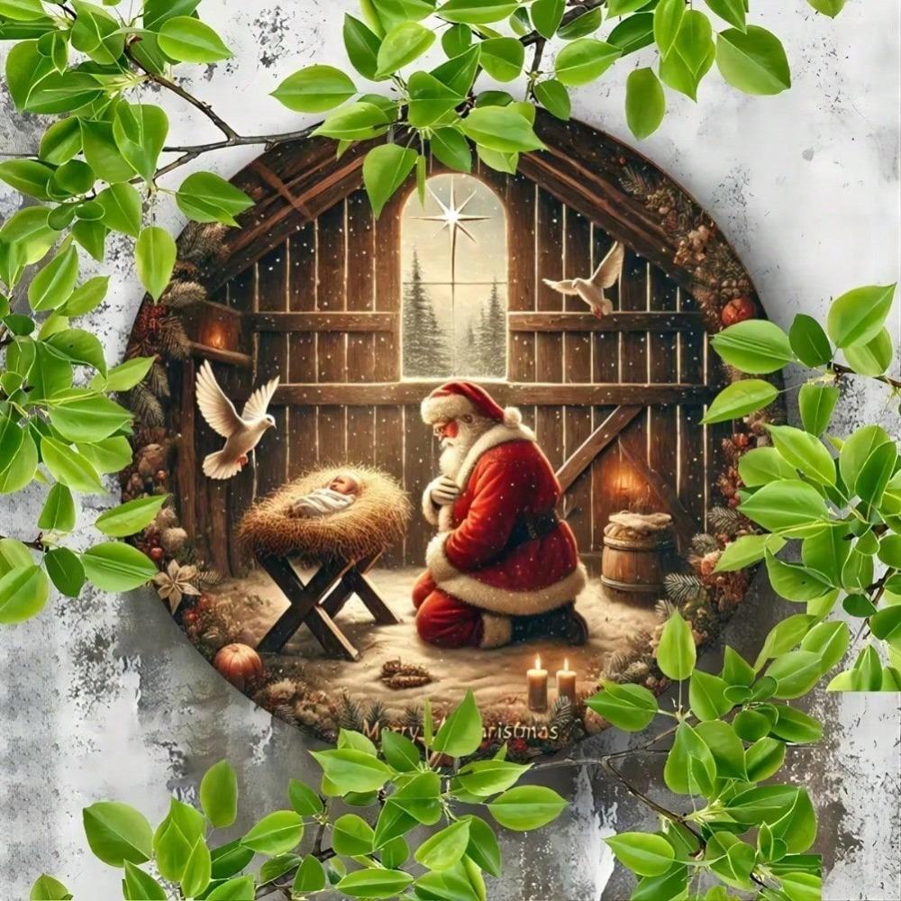 Christmas Kneeling Santa Tin Sign 8 Inch Round Metal Wall Art Home Bar Cafe Farmhouse Decor