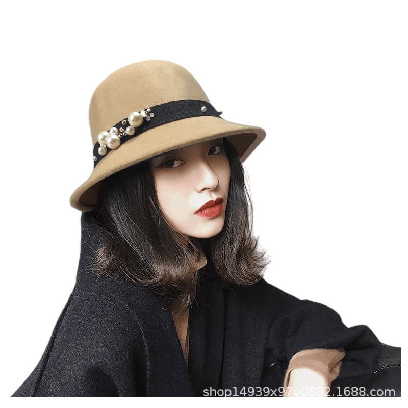 Autumn and winter new women's woolen top hat Hepburn style small brim basin hat pearl decoration French retro fashion shows small face