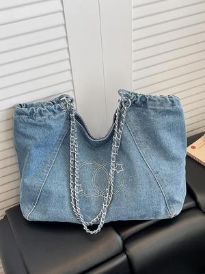 Korean Style Denim Commuting Tote: Retro Large Capacity Underarm Chain Shoulder Bag