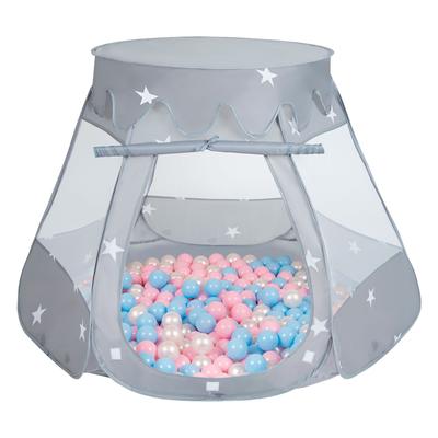 Selonis Play Tent 105x90cm/300 Balls Castle House Pop Up Ballpit Plastic Balls for Kids, Grey:babyblue/puderrosa/pearl