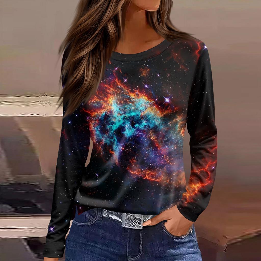 Women's Fashion Casual Slit Hem Round Neck Long Sleeve Loose Printed T-Shirt Ladies Top