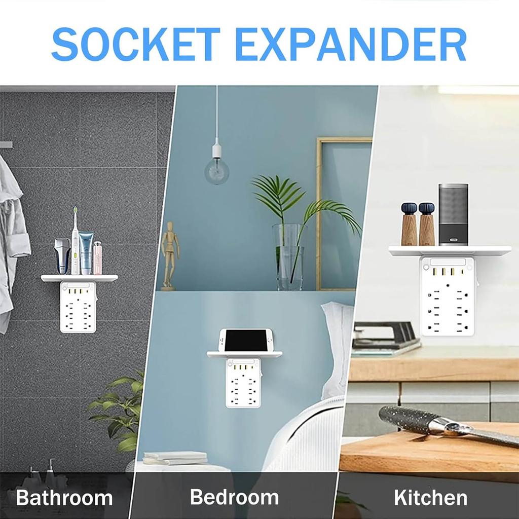 Multi-Plug With Night Light Upgraded  Wall Extender With Shelf  8 AC , 4 USB Ports, Dimmable LED, Desk Organizer For Home