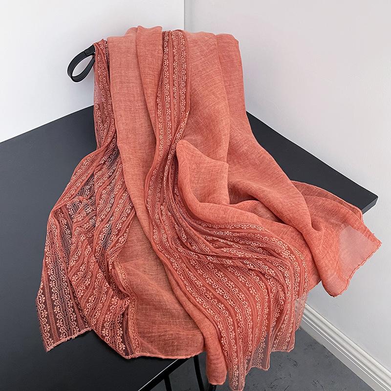Spring and Autumn Lace Line Long Thin Scarf Japanese and Korean Women's Fashion Solid Color Shawl High-end Cotton and Line Scarf