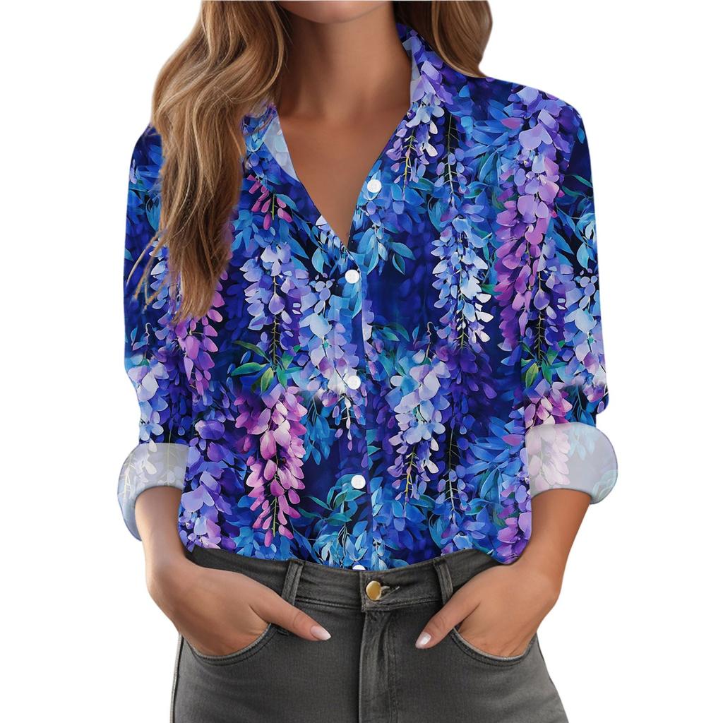 Kadın Gömlek Çiçek Baskılı Düğmeli Uzun Kollu Günlük Normal Gömlek Bluzlar Günlük Büyük Beden Temel Üstler