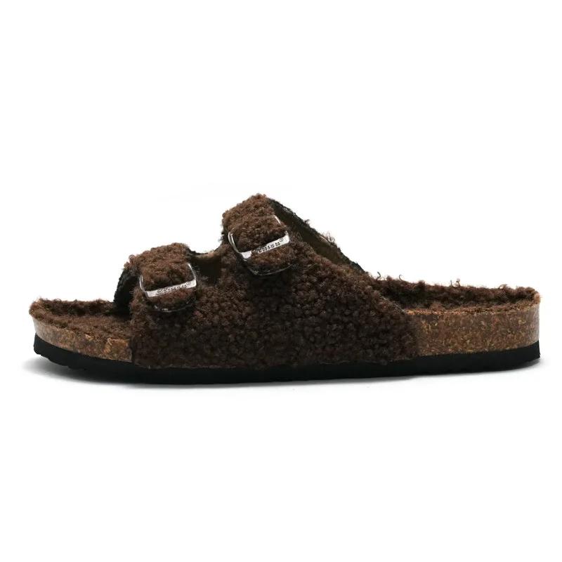 Fashion New Autumn and Winter Women's Cork Slippers Lamb Cashmere Women's Sandals Wear Casual Warm Home Slippers