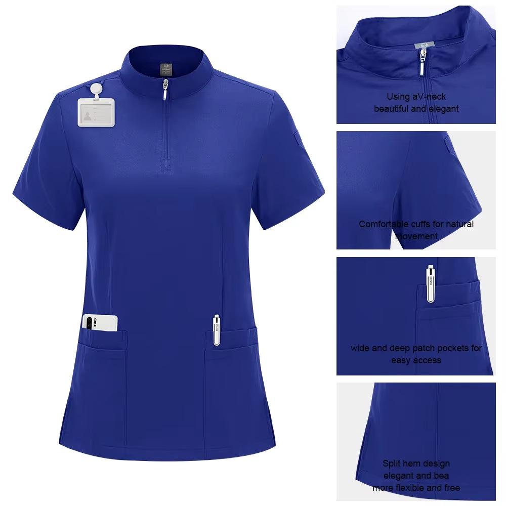 Solid Color Surgical Scrub Set: Stand-up Collar, Zipper Top, Straight Leg Pants