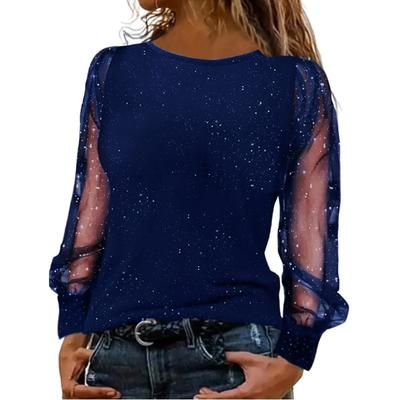 Fashion Shirt Ladies Glitter Powder Puff Sleeves Pure Mesh Print Elegant Long Sleeve Office Shirt Shirt Spring Ladies Casual Top