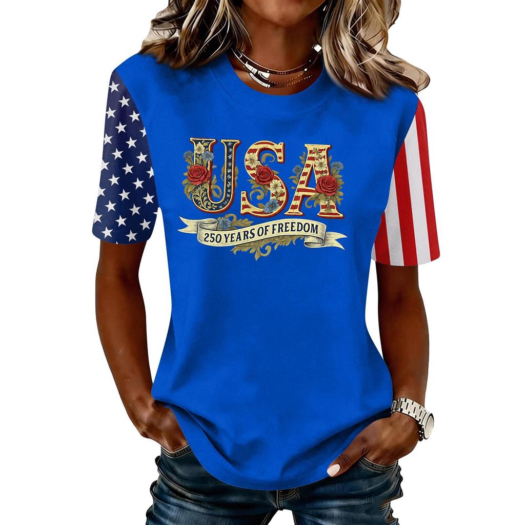Women's Fashionable Casual Short Sleeve Print Round Neck Pullover Top