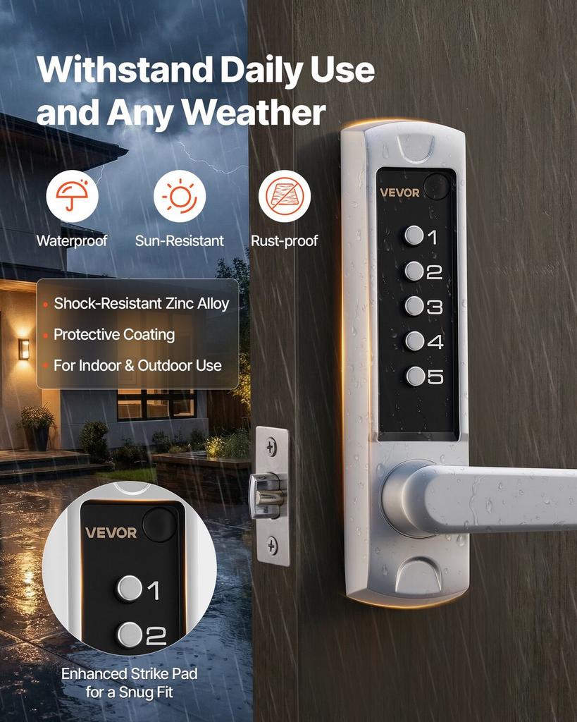 Mechanical Keyless Entry Door Lock, 2.0 Code Upgrade, 5 Digits Code, Single-Sided Push Button Combination Keypad Door Lock with Handle, Auto Locking,