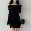 New Sweet Spice Girl Long-sleeved Slim-fitting Waist Pure Desire Hip-wrapped Short Skirt Thin Black One-word Shoulder Dress Women