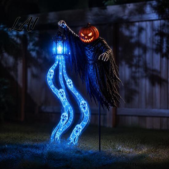 Spooky Yard Scene Accessories Halloween Soul Harvester Solar Garden Stake Light Animated Ghost Lantern with LED Skeleton Pathway Stakes Flowing Eyes,