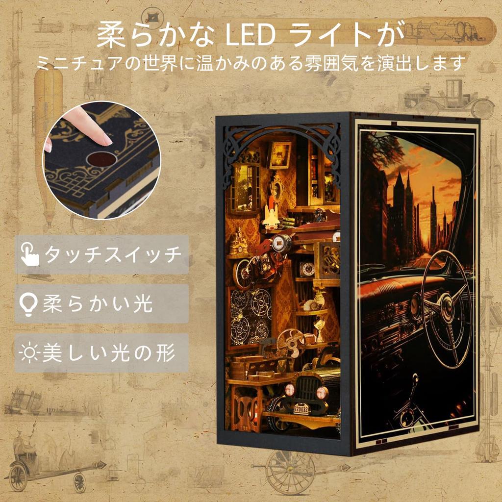 CRESYMME Book Nook Dollhouse Leeds Miniature House Log House Kit, Wooden 3D Puzzle, Handmade for Adults, with LED Lights (Automobile Museum)