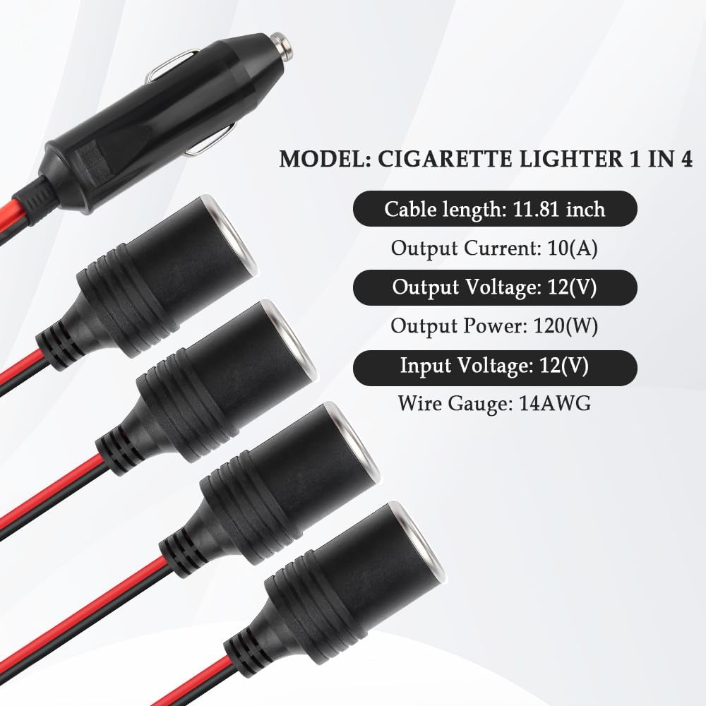 11.81 Inch Car Cigarette Lighter Splitter with 20A Fuse,1 To 4 Car Charger Splitter,Universal Power Adapter 12V Cigarette Lighter Socket for