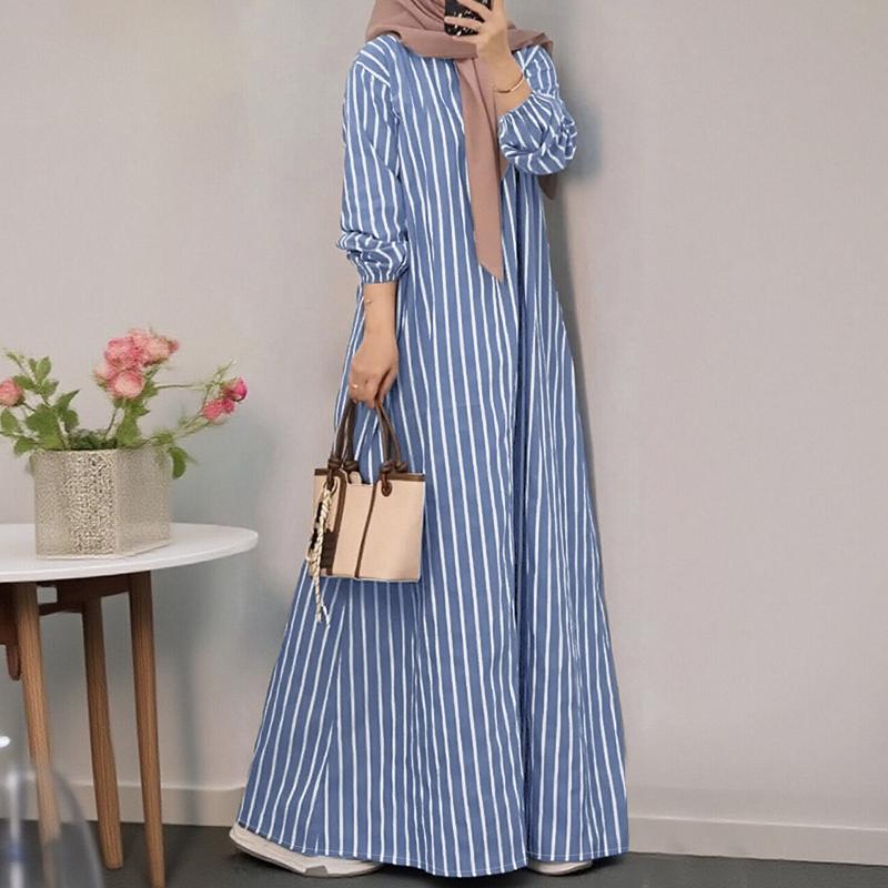 ZANZEA Women Casual Round Neck Long Sleeve Loose Stripe Long Dress