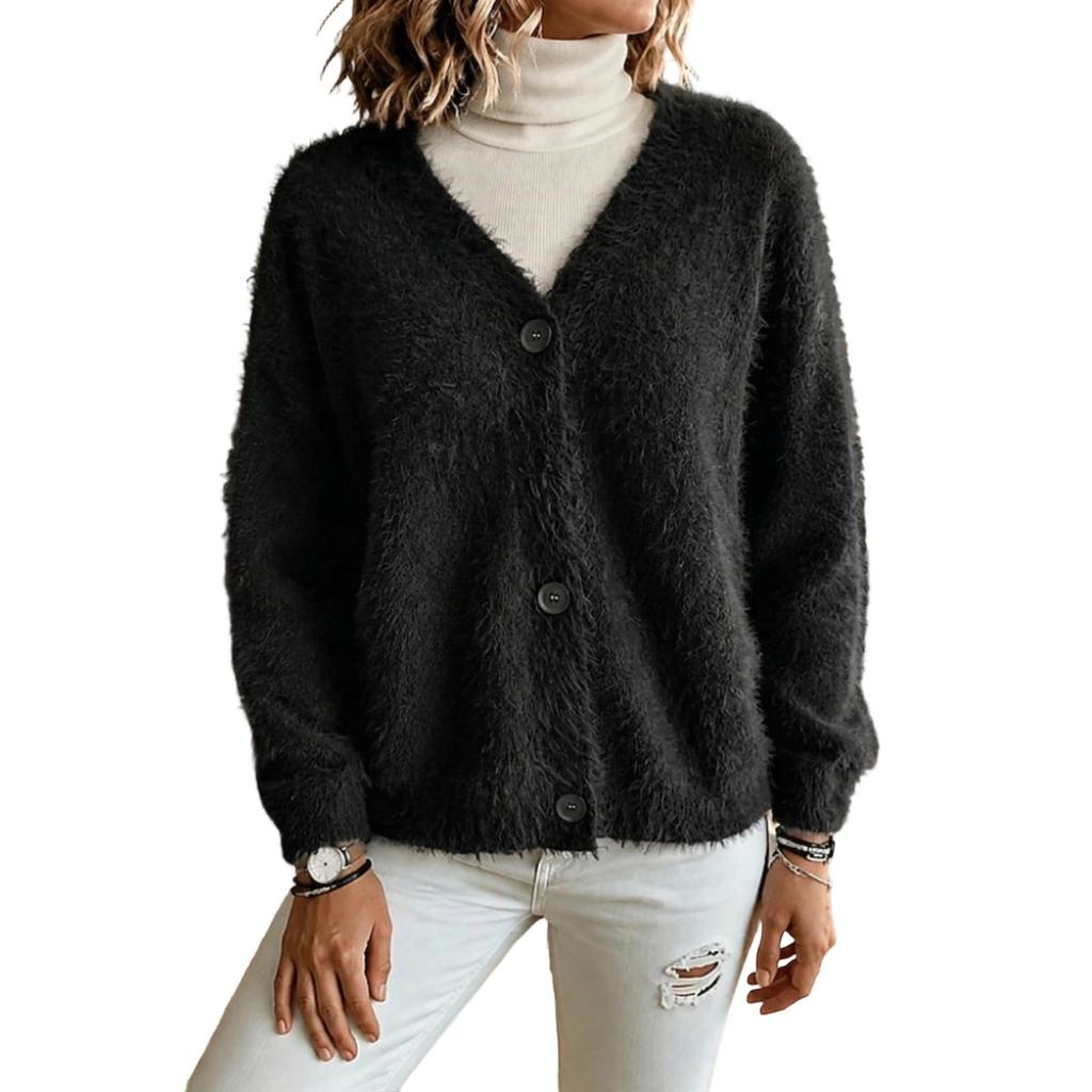 Women's V-Neck Fuzzy Long Sleeve Loose Fit Sweater Coat