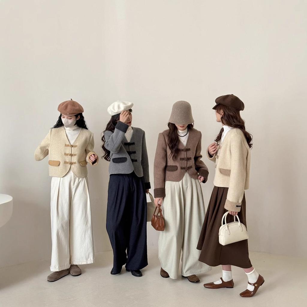 Neuer Kaschmirmantel im chinesischen Stil mit Schnalle für Damen V-Ausschnitt Retro Kontrastierendes Temperament Kurzer Wollmantel