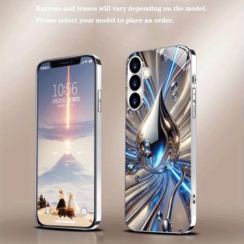 Blau-Silber Flüssiger Tropfenmuster Galvanisiertes Silbernes Handyhülle Für Samsung Galaxy S25 S24 S23 Ultra Plus FE Gehärtetes Glas Cover