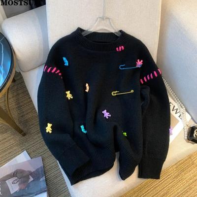 Koreanische Kawaii Pullover Frauen Herbst Winter Lange Hülse O-ansatz Lose Tops Pullover Casual Mode Damen Chic Jumper