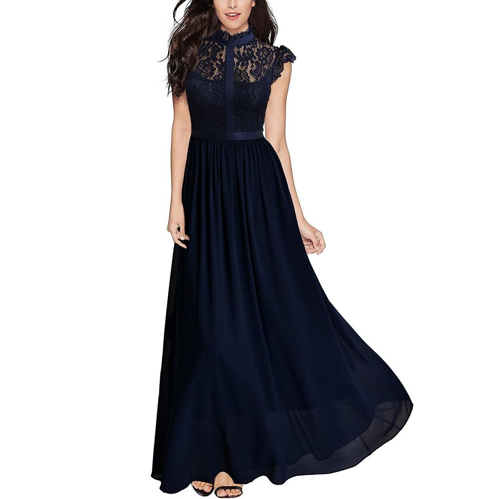 Amazon spring and summer lace dress European and American foreign trade mesh hollow splicing chiffon bridesmaid banquet dress dress