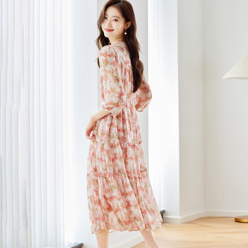 Srcr Women's Elegant French Style Mulberry Silk Floral Dress