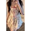 Floral Print Lace Trim Tie-Shoulder A-Line Mini Dress With Square Neckline Women Vacation Style