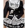 Autumn Winter Bow Lapel 2-piece Set Women Design Vintage Long Sleeve Slim Patchwork Tops + Thin High Waist Ruffle Skirt Suit New