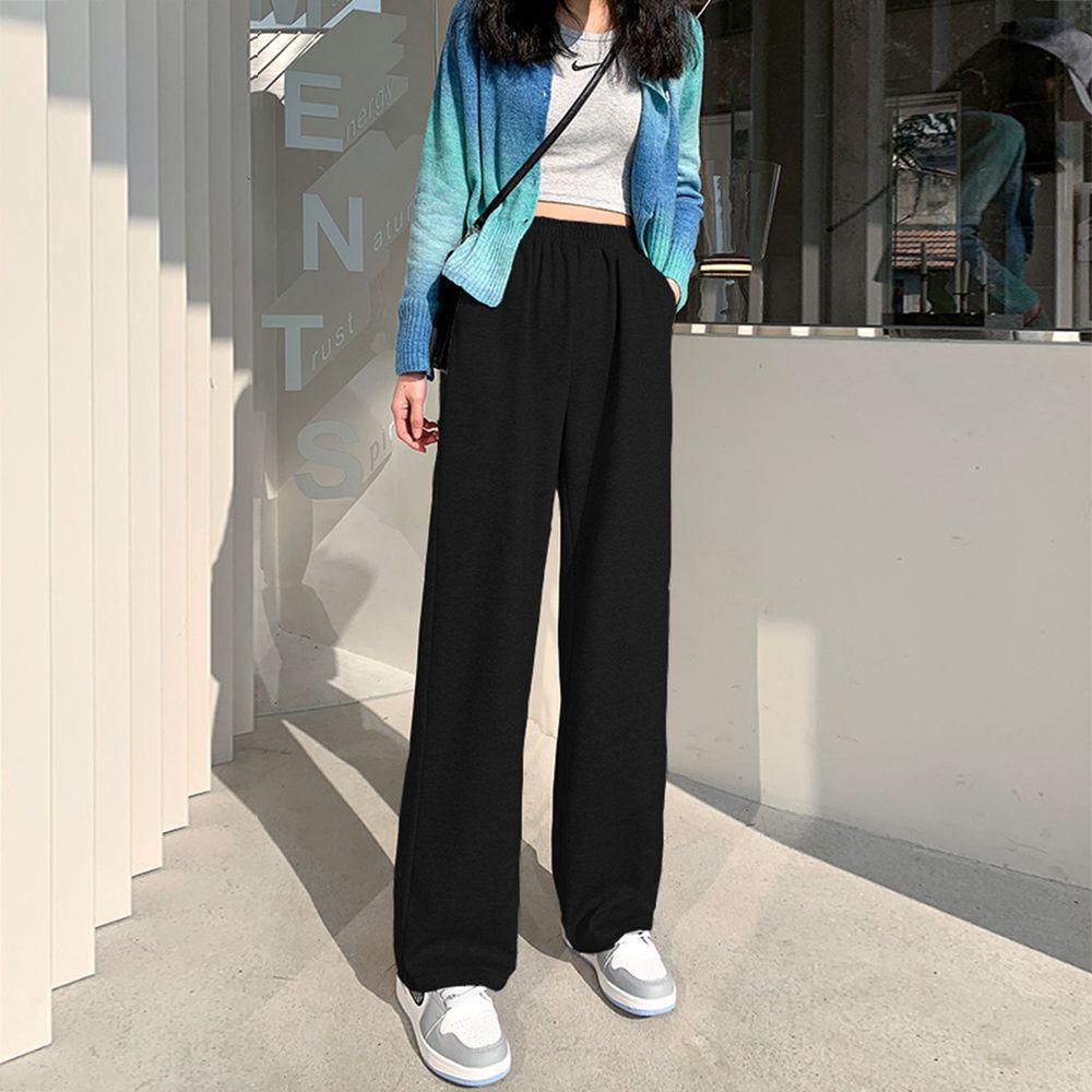Women's Black High-Waisted Wide-Leg Pants - Spring Casual, Loose-Slimming, Floor-Length, Versatile, Drapey Straight Suit Pants