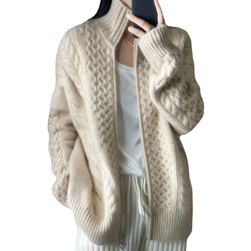 Women's Wool Cable Knit V-Neck Cardigan - Loose Fit, Zipper, Plus Size, Thick for Autumn/Winter