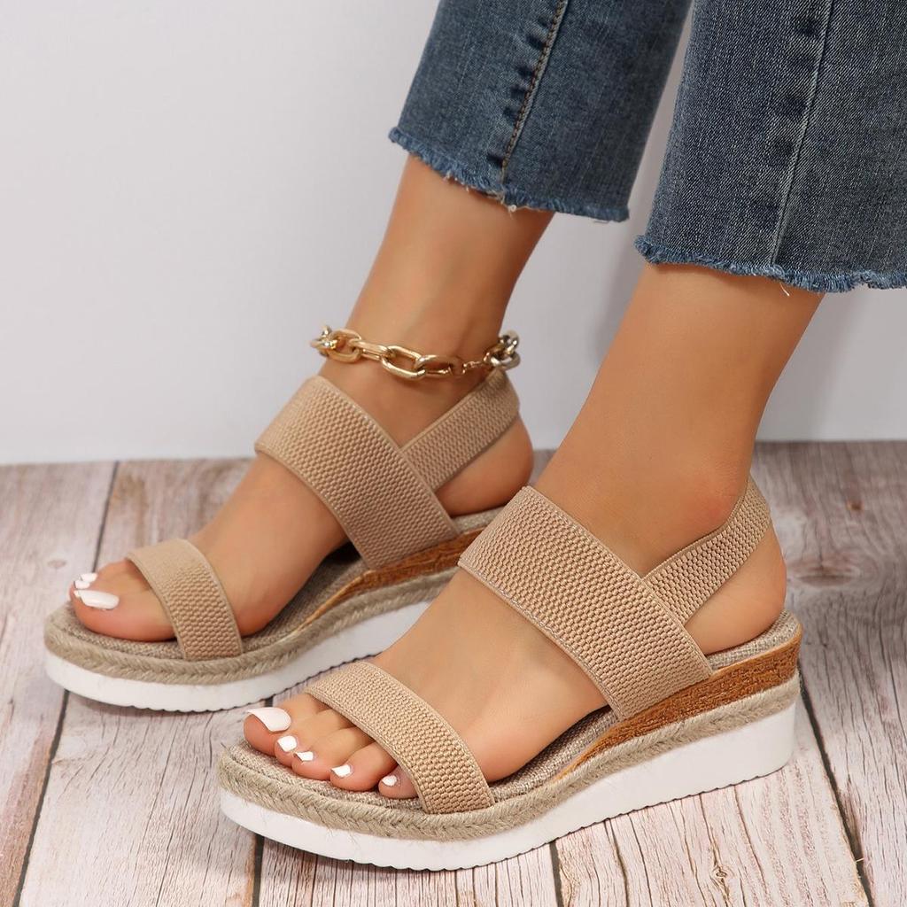 Plus Size Elastic Band Wedge Sandals, Women's Summer 2025, Slip-on Thick Sole Open Toe Sandals