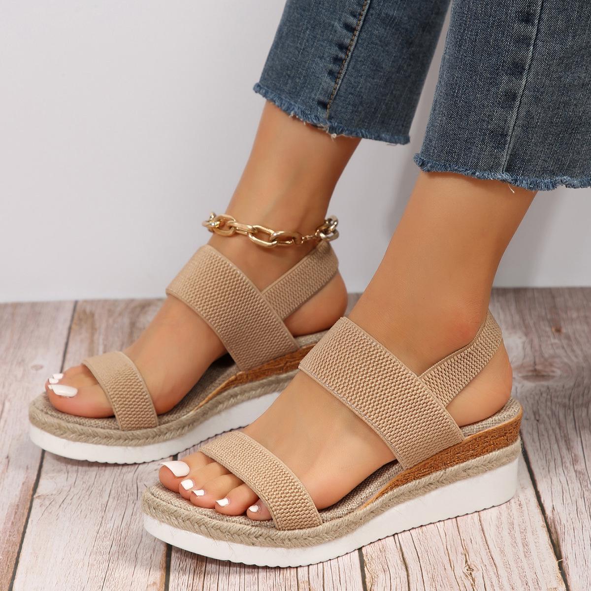 Plus Size Elastic Band Wedge Sandals, Women s Summer 2025, Slip-on Thick Sole Open Toe Sandals 37 хаки