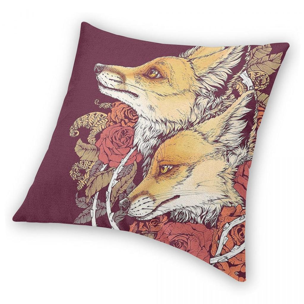 Red Fox Roses Bloom Square Pillowcase Polyester Linen Velvet Pattern Zip Decorative Room Cushion Case