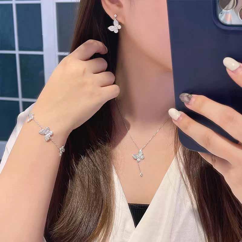 Elegant 3D Butterfly Jewelry Set: Stud Earrings, Bracelet, Necklace with Inlaid Sparkling Diamonds
