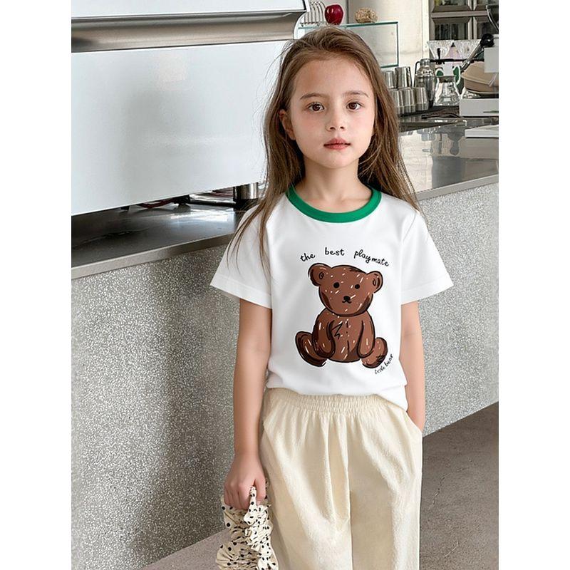 Foreign Trade Summer New Children's Short-Sleeved T-Shirt Korean Style Children's Cartoon Bear Baby Girl Clothes Pure Cotton Print Ins