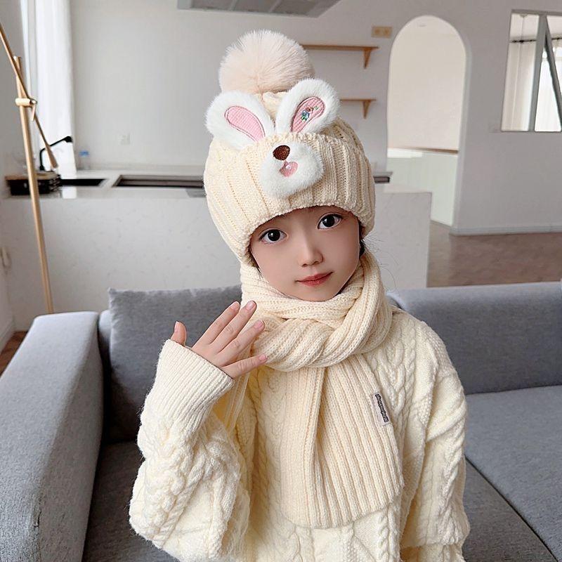 Set din două piese de căciulițe drăguțe cu urechi de iepure și eșarfe pentru copii, căciulițe tricotate din lână pentru fete pentru iarnă și căciulițe calde pentru protecția urechilor