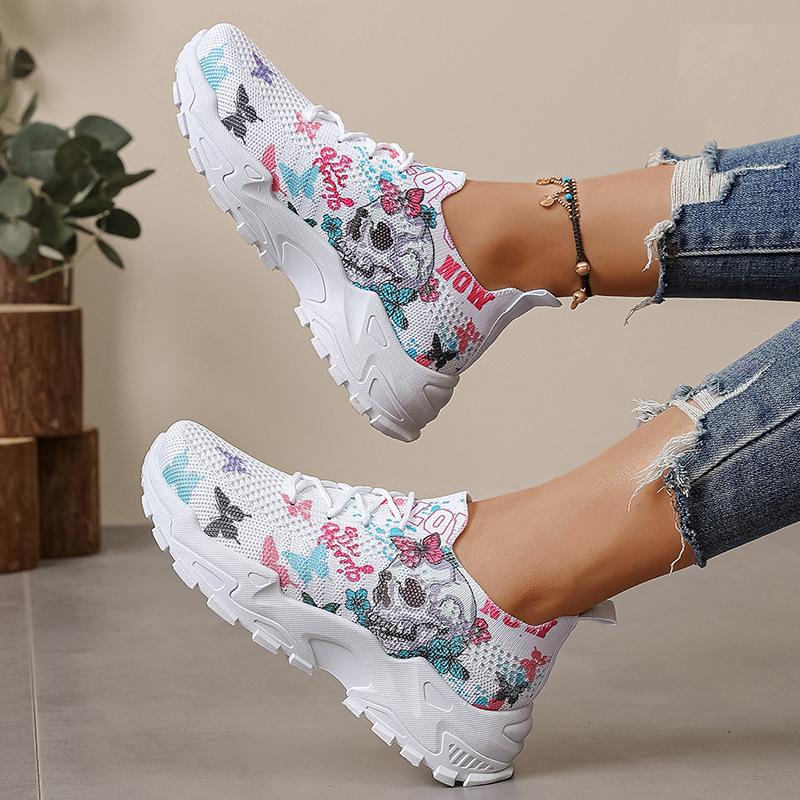 Flying woven women's shoes summer sports breathable casual mesh shoes soft-soled mesh shoes printed travel shoes trend