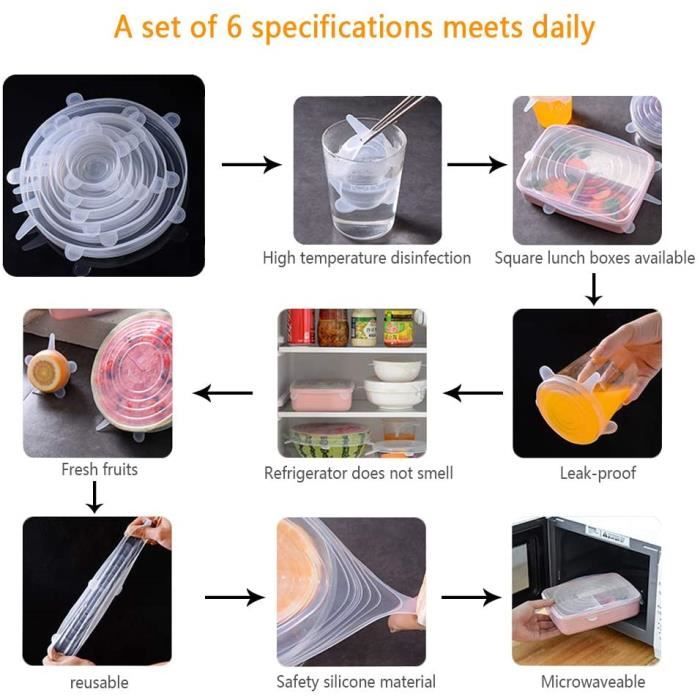 Couvercle Silicone Alimentaire, SenPuSi 6Pcs Réutilisable Couvercles, Couvercles Extensible en Silicone Hangable Cuisine 177