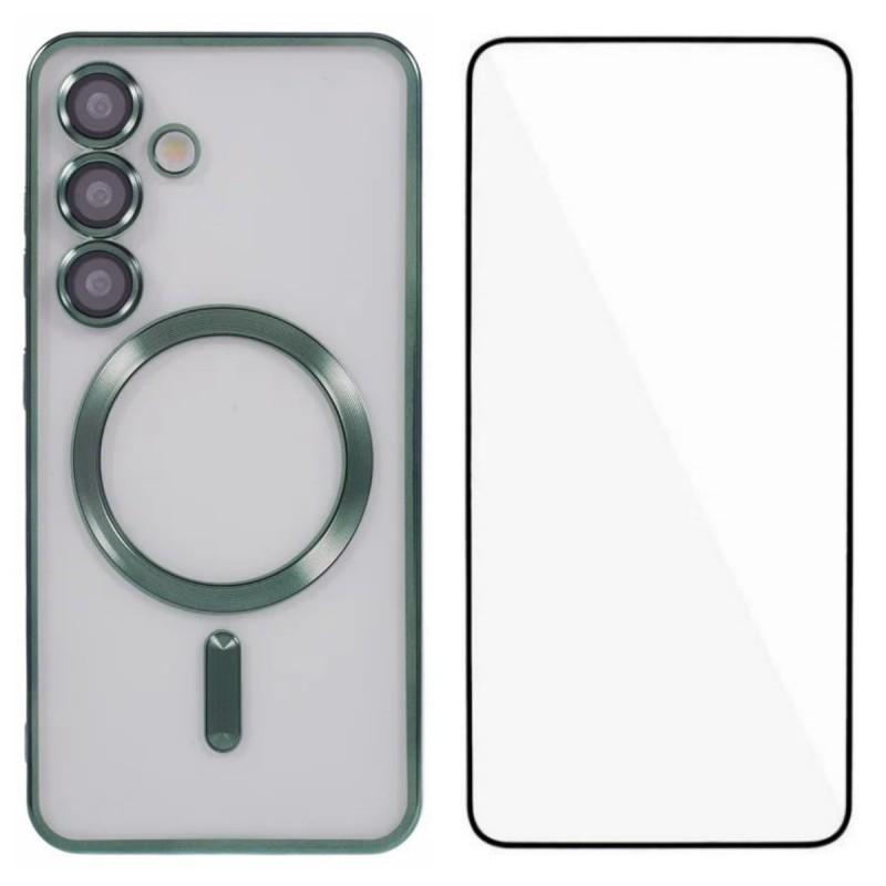 

For Samsung Galaxy S25+ Magnetic Case WANLONFENG Full Protection Electroplated TPU Cover with Tempered Glass Green