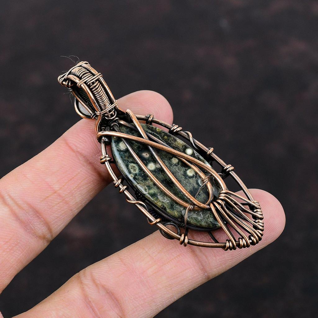 Evil Eye Ocean Jasper Pendant Rainbow Moonstone Pendant Copper Wire Wrapped Pendant Handmade Copper Jewelry Gemstone Pendant Gift For Mother