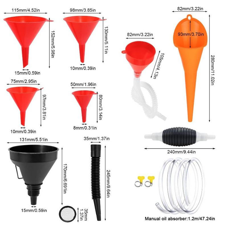 8Pcs Automotive Funnel Set With Removable Nozzle And Filter With Manual Siphon Pump For Filling Water/Gasoline/Coolant/Motor