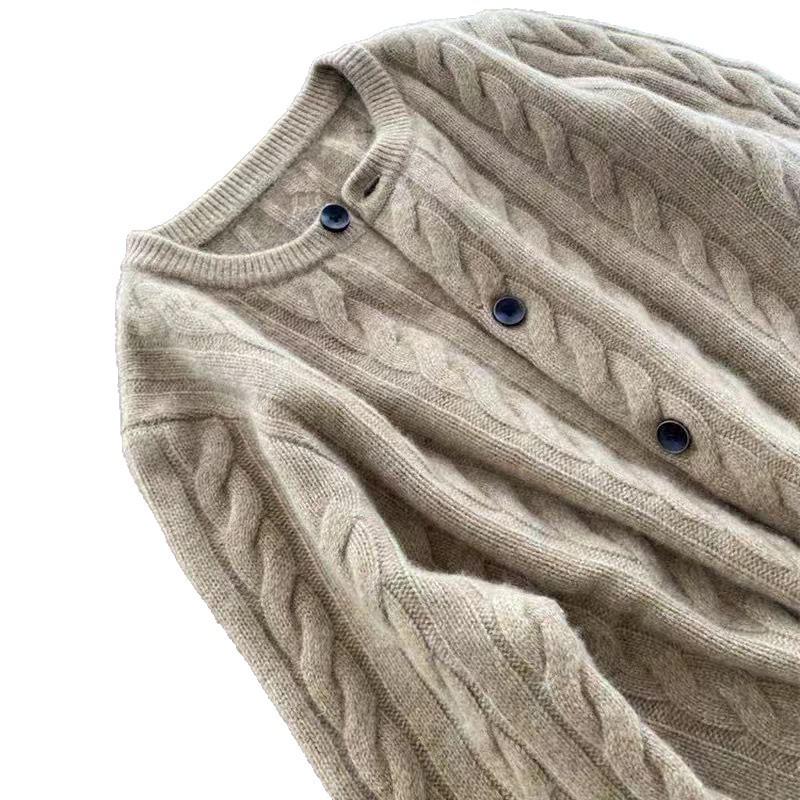 Women's Wool Cardigan - Round Neck, Thick, Cable Knit Sweater for Autumn and Winter