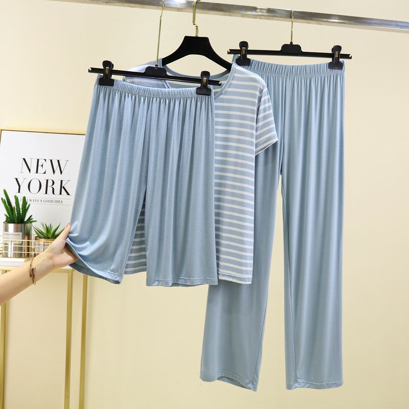 

Modal Casual Pajamas Three-Piece Women s Summer Plus Size Loose Short-Sleeved T-shirt Casual Pants Fifth Wide-Leg Pants Blue L (Recommendation 50.00 kg-60.00 kg