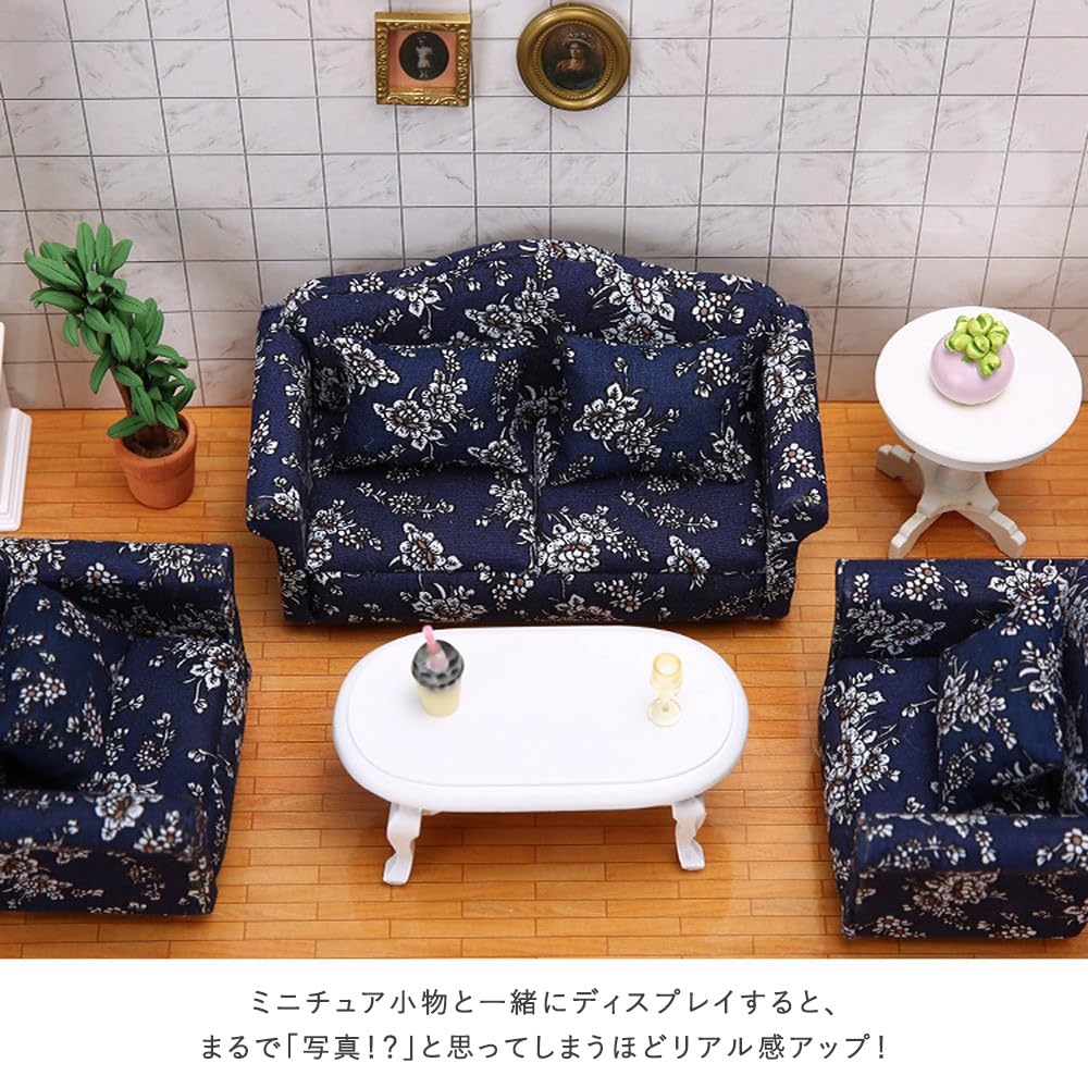 Moin Moin Miniature Scale Furniture Sofa Set Dollhouse Single White Floral Blue Doll Accessories 2306mini16 1/12 3-Piece (B-grade,